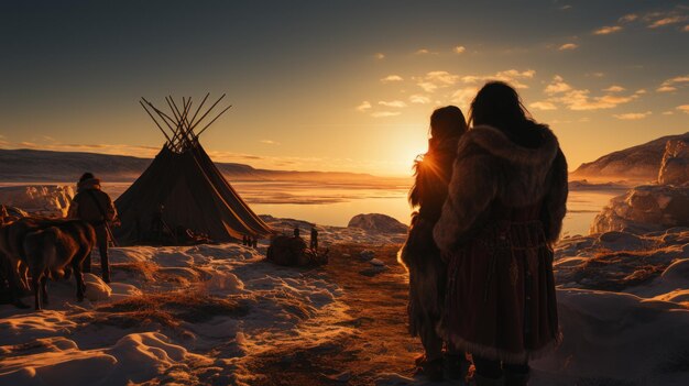 Eine Gruppe von Inuit-Jägern steht an einem Strand und blickt auf das Meer. Erstellt mit generativer KI