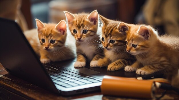 Eine Gruppe von Kätzchen, die auf einem Laptop sitzen, generiert ein AI-Bild