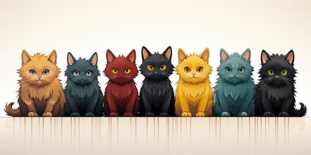 Eine Gruppe von Katzen, die nebeneinander sitzen, generative KI