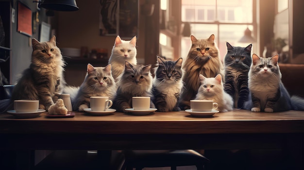 Foto eine gruppe von katzen trinkt kaffee in einem café