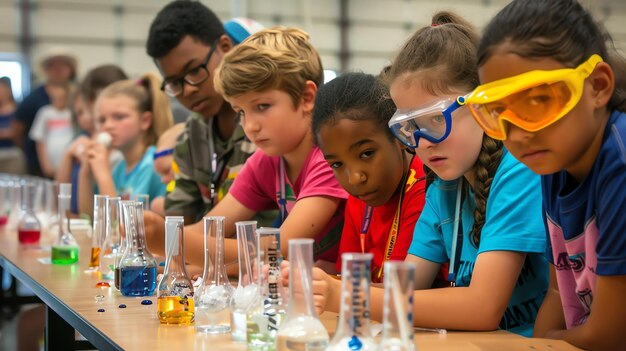 Eine Gruppe von Kindern beobachtet in einem Klassenzimmer ein wissenschaftliches Experiment