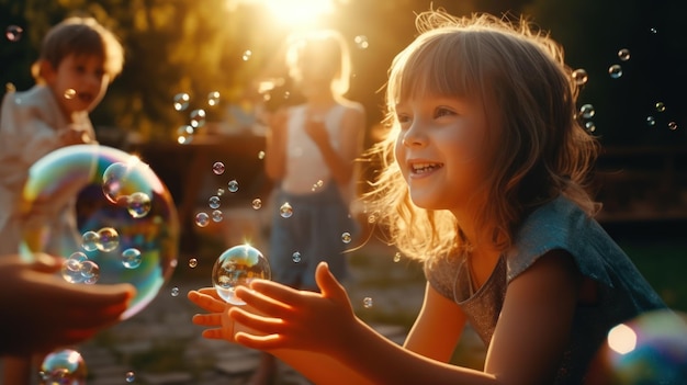 Eine Gruppe von Kindern bläst Konfetti und Seifenblasen vor dem Hintergrund des Sonnenuntergangs