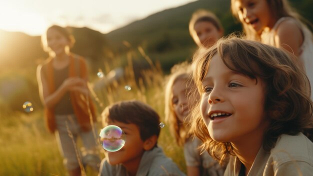 Eine Gruppe von Kindern bläst Konfetti und Seifenblasen vor dem Hintergrund des Sonnenuntergangs