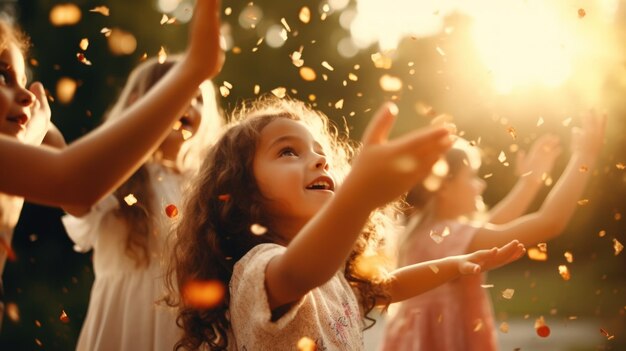 Eine Gruppe von Kindern bläst Konfetti und Seifenblasen vor dem Hintergrund des Sonnenuntergangs