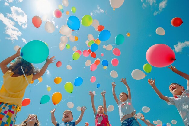 Eine Gruppe von Kindern, die bunte Ballons in