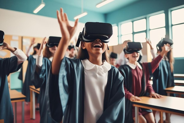 Foto eine gruppe von kindern, die eine virtuelle realitätsbrille tragen und ihre hände in die luft heben