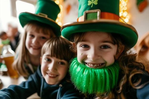 eine Gruppe von Kindern, die grüne Hüte und Bart tragen