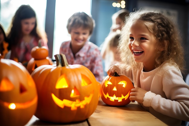 Eine Gruppe von Kindern, die Kürbisse schnitzen und gruselige Gesichter machen