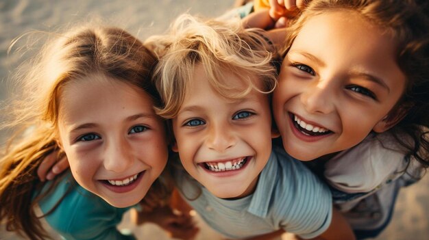 Foto eine gruppe von kindern, die mit den armen um einander am strand spielen