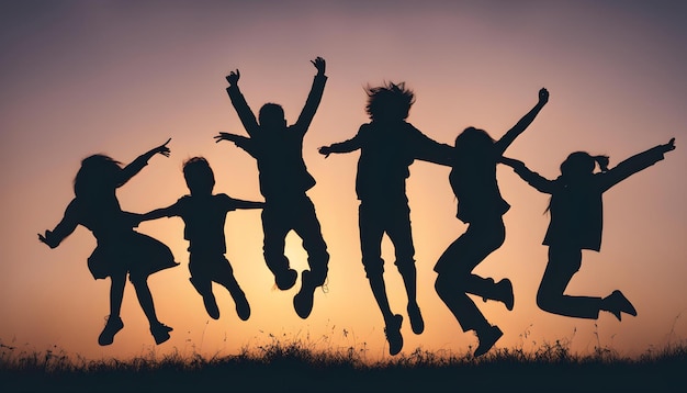 Foto eine gruppe von kindern, die mit der sonne hinter sich in die luft springen