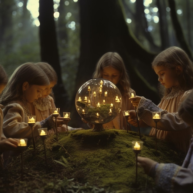 eine Gruppe von Kindern, die mit einem Globus mit Kerzen in einem Wald spielen.