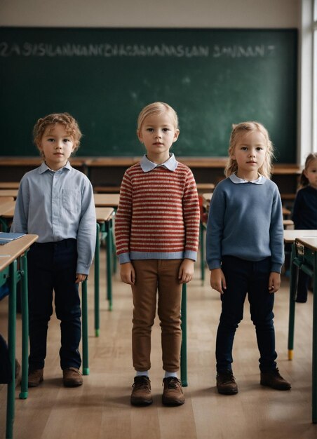 eine Gruppe von Kindern, die vor einer Tafel stehen
