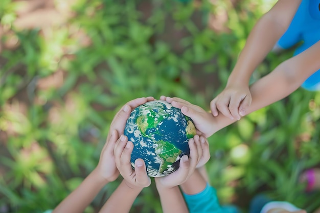 Eine Gruppe von Kindern hält den Planeten Erde auf dem Hintergrund der Natur