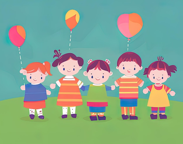 Eine Gruppe von Kindern hält Luftballons und das Wort „unten rechts“ in der Hand.