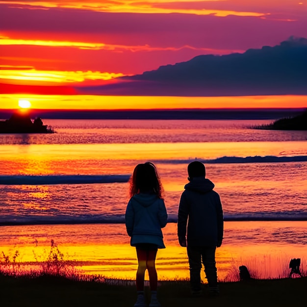 Eine Gruppe von Kindern ist gegen einen Sonnenuntergang dargestellt