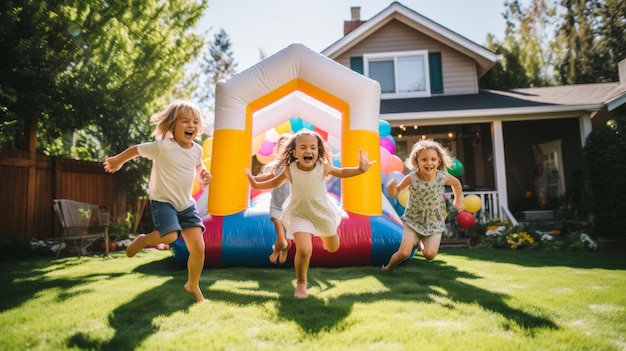 Eine Gruppe von Kindern lacht und läuft fröhlich vor einem bunten aufblasbaren Haus