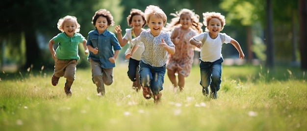 Foto eine gruppe von kindern läuft in einem feld mit den wörtern 