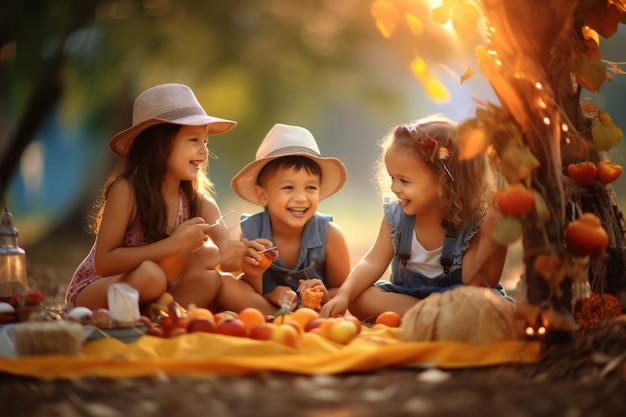 Eine Gruppe von Kindern macht ein Picknick und lacht gemeinsam am Kindertag