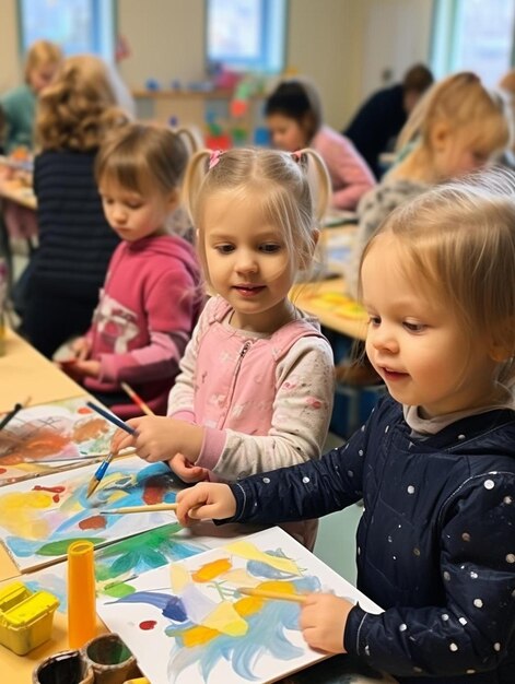 eine Gruppe von Kindern malt mit einem von ihnen auf einem Tisch