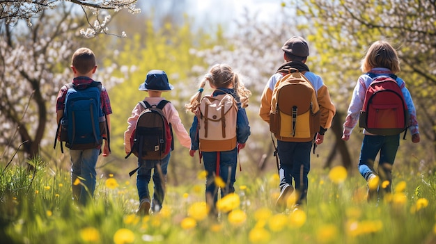 Eine Gruppe von Kindern mit Rucksäcken, die an einem sonnigen Tag in einem Frühlingspark spazieren gehen