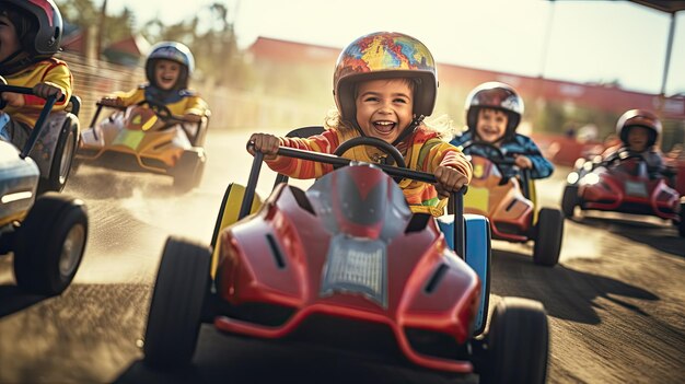 Foto eine gruppe von kindern rannte in ihren bunten gokarts um die rennstrecke, ihr lachen erfüllte die luft.