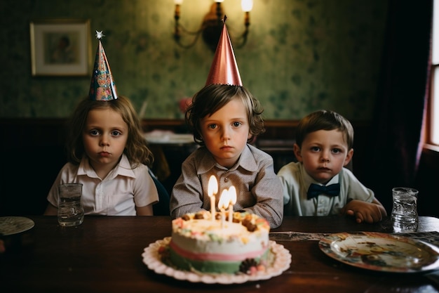 Eine Gruppe von Kindern sitzt an einem Tisch mit einer Geburtstagstorte und einem Geburtstagshut mit brennenden Kerzen.