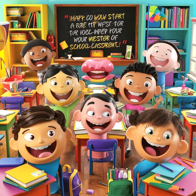 eine Gruppe von Kindern sitzt an einem Tisch mit einer Tafel, auf der steht "glücklicher kleiner Junge"