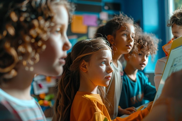 Foto eine gruppe von kindern sitzt in einem klassenzimmer und schaut auf einen computerbildschirm