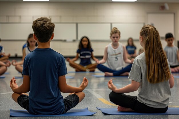 Eine Gruppe von Kindern sitzt in einer Turnhalle auf Yogamatten