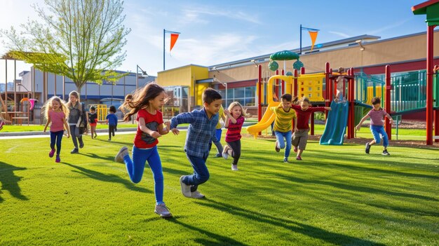 Eine Gruppe von Kindern spielt auf einem Spielplatz AIG41