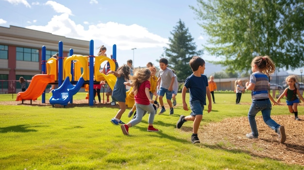 Eine Gruppe von Kindern spielt auf einem Spielplatz AIG41