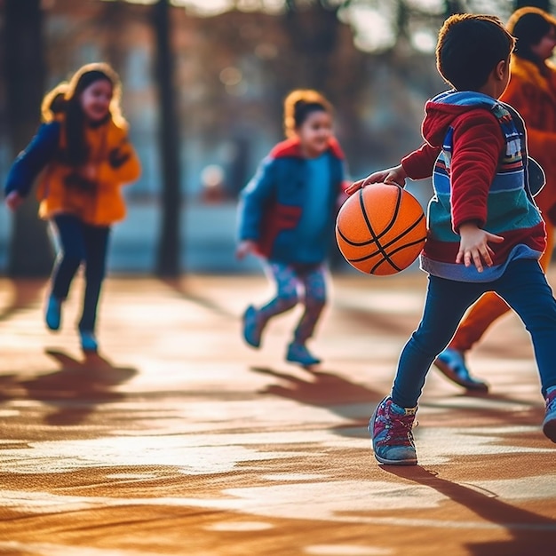 Eine Gruppe von Kindern spielt Basketball auf einem Platz mit dem Wort Basketball auf der Rückseite des Trikots.