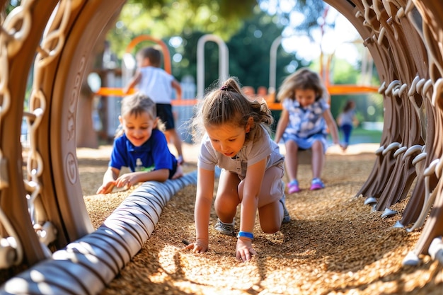 Eine Gruppe von Kindern spielt glücklich auf Schaukeln und klettert auf Strukturen auf einem farbenfrohen Spielplatz Kinder spielen auf einem Spielplatz mit ihrer Vorstellungskraft