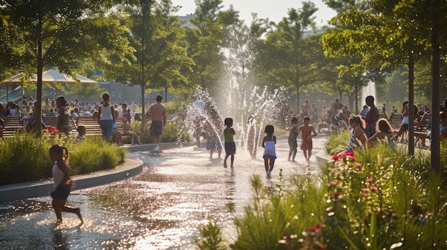 Eine Gruppe von Kindern spielt in einem Brunnen in einem Park.