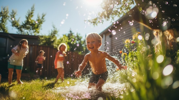 Eine Gruppe von Kindern spielt in einem Wasserbecken, spritzt und lacht unter der hellen Sonne