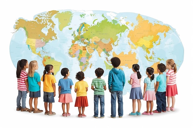 Eine Gruppe von Kindern steht um die Weltkarte herum