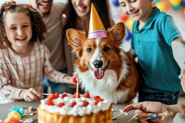 Eine Gruppe von Kindern und ein Hund feiern einen Geburtstag Eine Familie feiert den Geburtstag ihrer Haustiere mit Hüten und Kuchen