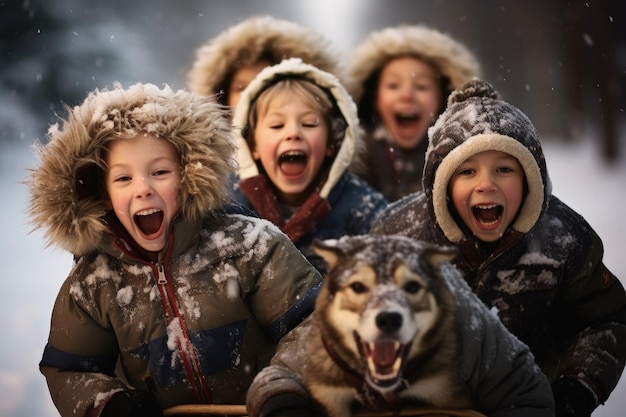 Eine Gruppe von Kindern und ein Hund im Schnee