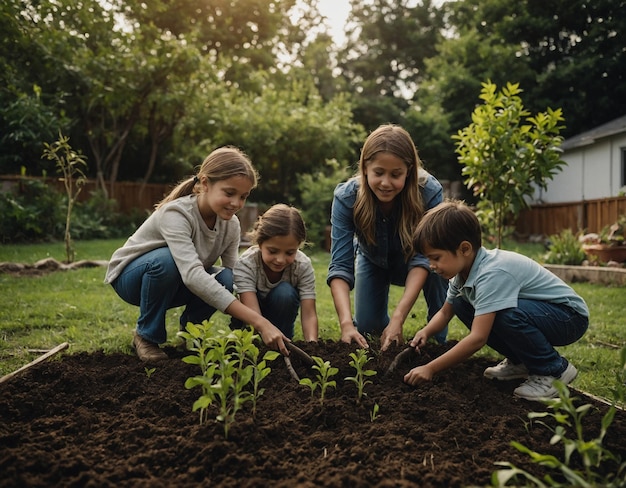 eine Gruppe von Kindern und ihre Mutter graben in den Schmutz