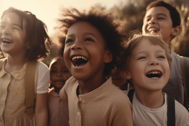 eine Gruppe von Kindern verschiedener Nationalitäten läuft auf dem Gras vor dem Hintergrund eines Parks und des Grünes generativ ai