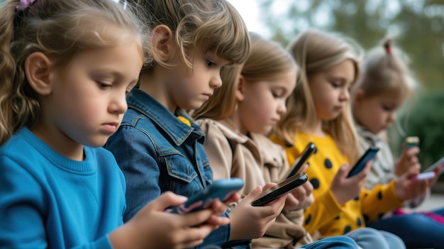 Foto eine gruppe von kindern wird in der natur eingefangen, aber anstatt die umgebung zu genießen, sind sie an sie geklebt.