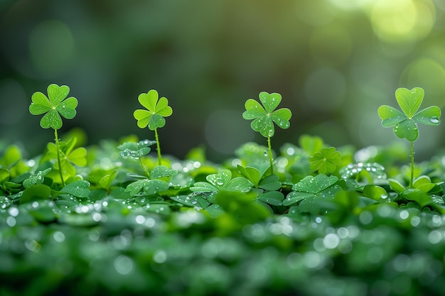 Eine Gruppe von kleinen grünen Pflanzen mit Wassertropfen auf ihnen St. Patrick's Day