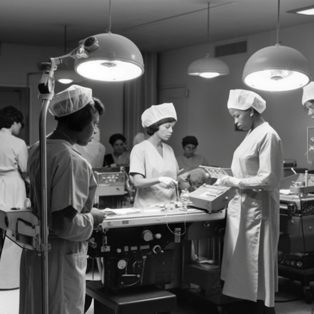 Eine Gruppe von Krankenschwestern befindet sich in einem Raum mit einem Tisch mit einer Lampe darauf.