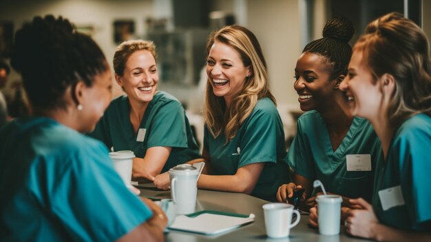 Eine Gruppe von Krankenschwestern in einem Pausenraum teilt einen Moment der Kameradschaft und Unterstützung