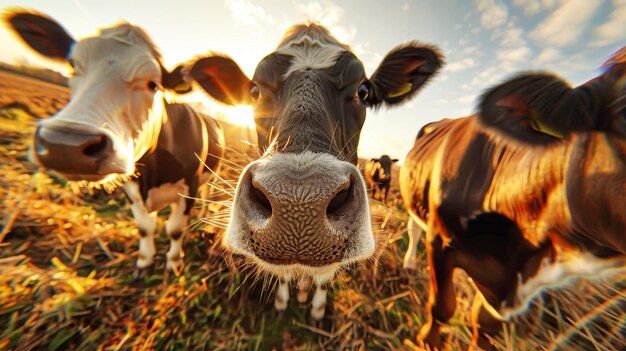 Eine Gruppe von Kühen steht stolz auf einem üppigen grasbewachsenen Feld unter freiem Himmel