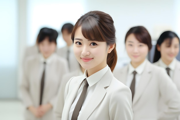 Eine Gruppe von Kundendienstmitarbeitern lächelt im Hintergrund des Büros