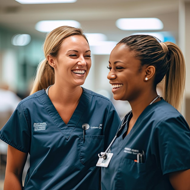 Eine Gruppe von lächelnden Krankenschwestern, die einen Krankenhauskorridor hinuntergehen