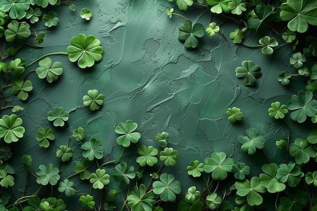 Eine Gruppe von lebendig grünen Kleeblümchen auf einer entsprechenden grünen Oberfläche, die St. Patrick's D symbolisiert