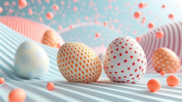 Eine Gruppe von lebendigen und farbenfrohen Eiern sind ordentlich auf einem Tisch angeordnet. Jedes Ei ist einzigartig geschmückt und schafft eine festliche und fröhliche Anzeige.