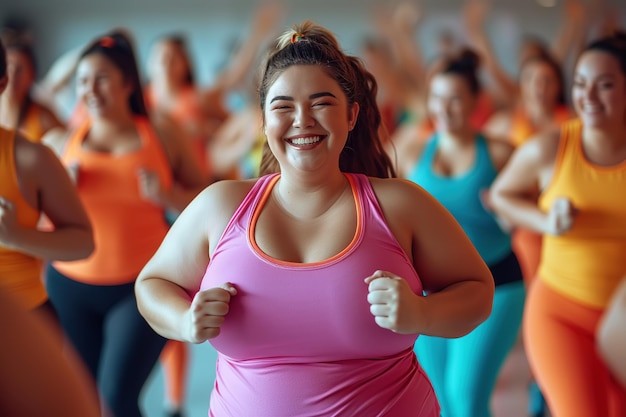 Foto eine gruppe von lebhaften, glücklichen, übergewichtigen frauen macht in der turnhalle eine energische aerobic-fitness, die sich auf gewichtsverlust und ganzkörper-übungen konzentriert